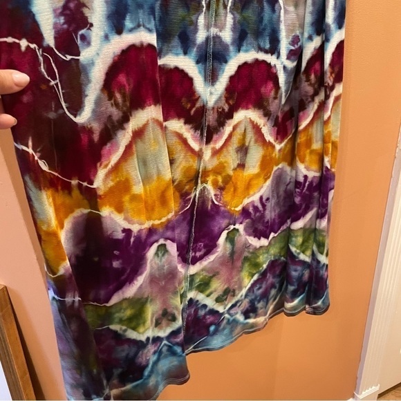 Fabulous hand tie dyed rayon rainbow duster short sleeves jewel tones funky M/L - Picture 3 of 11